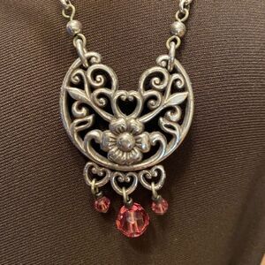 BRIGHTON Silver‎ and pink crystal floral pendant necklace with loop chain